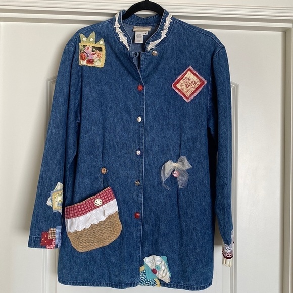 Coldwater Creek Patchwork denim jacket Womens M Overshirt Barn chore Tunic - Picture 1 of 14